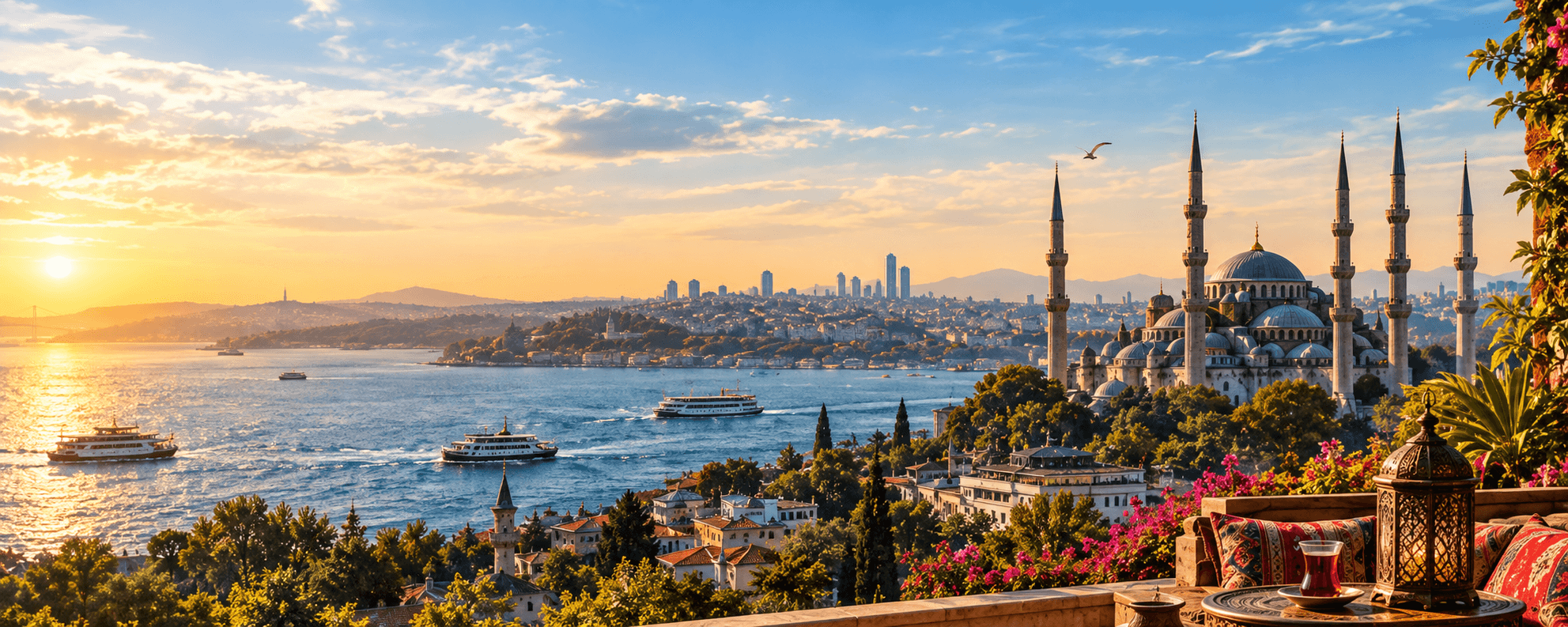 Istanbul skyline at sunset with the Bosphorus and mosque minarets
