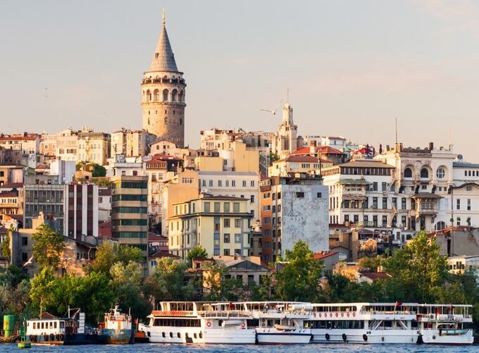 Panoramic view of Galata, Beyoglu, and Karakoy from the Bosphorus waterfront in Istanbul.