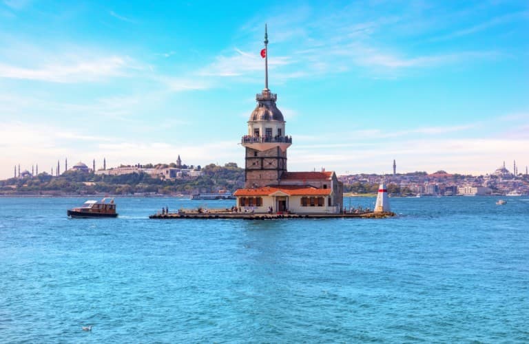 Beautiful view of Ortakoy Mosque beside the Bosphorus featuring historic Ottoman architecture, waterfront scenery, and vibrant Istanbul atmosphere.
