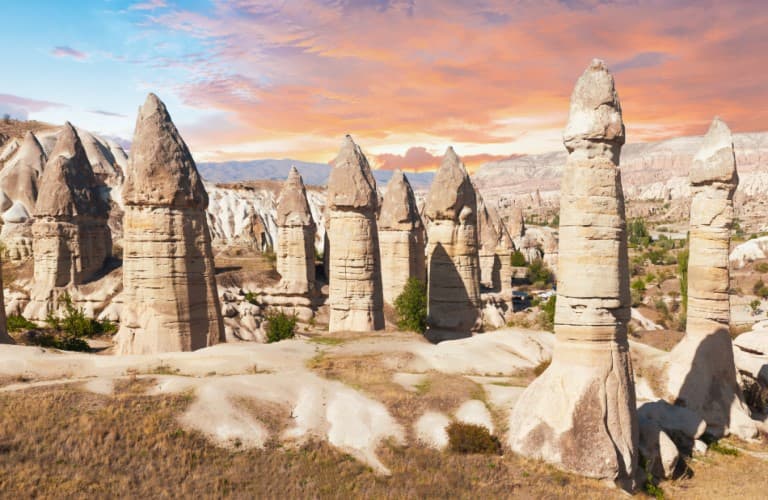 Fairy chimneys in Cappadocia with unique rock formations and beautiful natural scenery